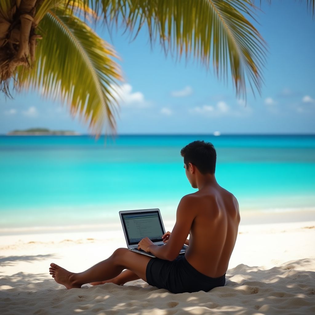 Nómada digital trabajando en una playa de Ecuador